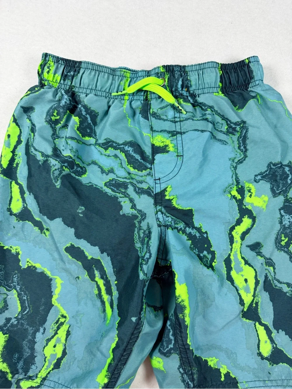 Under Armour Swim Trunks YMD Blue Neon Green Marble Print